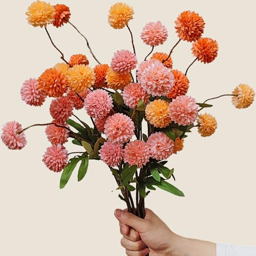 Kinisty 8 Pcs Artificial Flowers Pink Orange Yellow Faux Silk Pompon Mums, 20" Long Stem Fake Chrysanthemum Bouquet for Vase Farmhouse Home Decor, Wedding Centerpiece - color: Pink and Orange