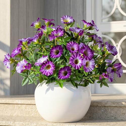 Dark Purple Artificial Morning Glory Flowers for Outdoor Planters, Premium UV Resistant Silk Faux Flowers for Porch, Hanging Basket & Window Box, Elegant Garden Decor, No Pot, 13.3 Inch, 4 Bundles - color: Light Purple 4pcs