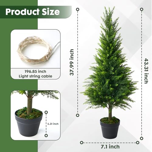 2 Packs of Fake Cypress Plants with Lights, 4FT Artificial Cedar Pruning Tree, with Flowerpot, UV Resistant Artificial shrubs, Suitable for Outdoor and Indoor Front Porch Gardens - size: 4FT Cypress Plants