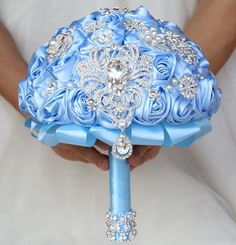 Bridal Wedding Bouquet Round Bling Brooch Bouquet Artificial Rose Flower Bunch for Bride Bridesmaid Wedding Quinceanera(Light Blue, 7.5") - color: Light Blue*, size: Small (Dia. 7.5"/19cm)