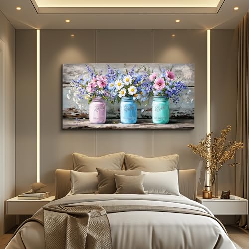 ZUITINGHUA Large Wall Decor For Living Room Canvas Wall Art For Office Modern Wall Decorations For Bedroom Mason Jar Floral Landscape Painting Vintage Pictures Artwork Room Home Decor 24x48 In - color: Vintage Mason Jar Floral, size: 48"L x 24"W