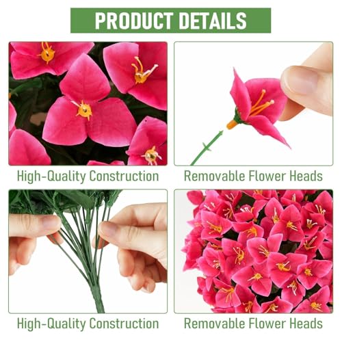 ATTGREAT Artificial Bougainvillea for Outdoors Faux Plants UV Resistant Flowers Fake Plastic Plants Realistic Silk Flowers for Porch Planter Garden Hanging Decoration, 2Pcs(Purple Red & Rose Red) - color: Purple Red & Rose Red