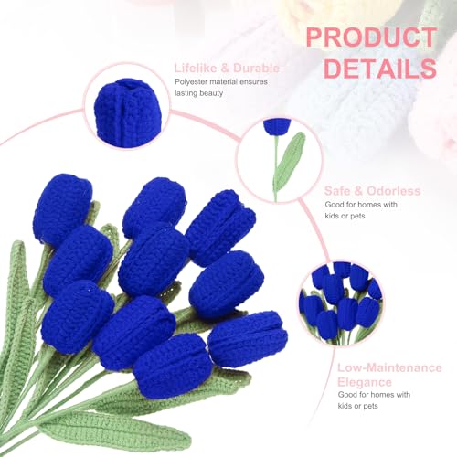 MECCANIXITY Tulip Crochet Flowers, Artificial Knitted Tulip Flower Completed Handmade Tulips Bouquet for Gift Home Birthday Wedding Decoration, Sapphire Blue Pack of 10 - color: Sapphire Blue