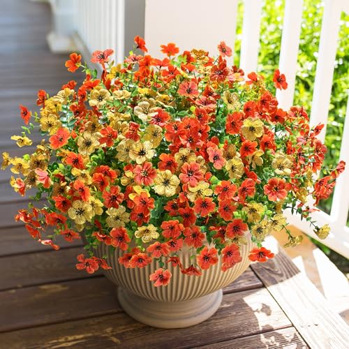 HyeFlora Artificial Fall Flowers Faux Mums for Outdoor Indoor Garden Home Decoration, Faux Flower Daisy with Eucalyptus Leaves Fake Mums Plants Greenery Boxwood Porch Patio, 12 Bundles (OrangeYellow) - color: Orangeyellow