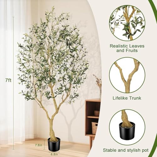 Olive Trees Artificial Indoor, 7FT Faux Olive Tree with Lifelike Branches and Realistic Olives, Large Fake Tree for Home House Office Living Room Decor - size: 7ft