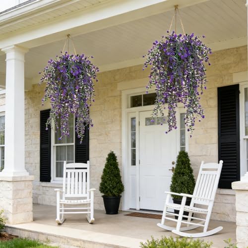 Artificial Hanging Flowers 6 PCs Purple Faux Hanging Vines Plants UV Resistant Fake Eucalyptus Ferns Plants for Outdoors Wall Home Porch Patio Garden Front Porch Summer Decor(Purple) - color: Purple