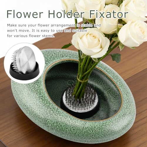 Japanese Ikebana Vase Kit w/ 1.57" Kenzan, Ceramic Pebble Bowl - color: Green