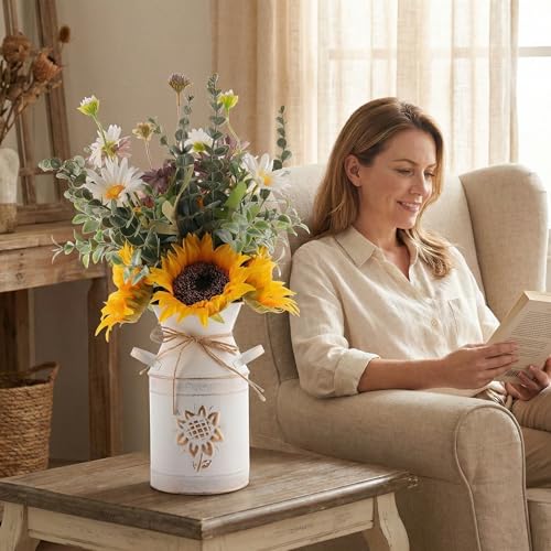Fake Flowers in Vase,Sunflowers Artificial Flowers Silk Flower Arrangements with Metal Flower Vase Faux Flowers Sunflower Kitchen Decor Yellow Bathroom Decor Sunflower Gifts for Women (Yellow)