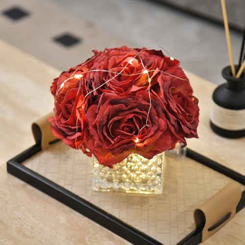 Artificial Rose in Glass Vase Vintage Silk Flower Arrangement with LED Light for Table Centerpiece Home Wedding Decoration (Red) - color: Red