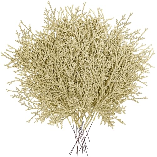 Winlyn 15 Pcs Christmas Artificial Cedar Sprays Champagne Glittered Faux Cedar Branches Stems Christmas Tree Ornament Picks 14.4" for Christmas Tree Wreath Wedding Bouquet Holiday Centerpiece - color: Champagne