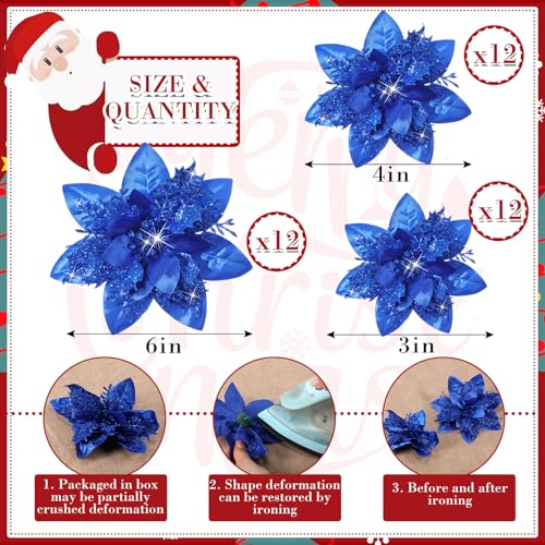 Geosar 36 Pcs Christmas Glitter Artificial Poinsettia Flowers Xmas Poinsettia Artificial Wedding Flowers Decorations Xmas Tree Ornaments with Clips for Party, 6 Inch, 4 Inch, 3 Inch(Royal Blue) - color: Royal Blue