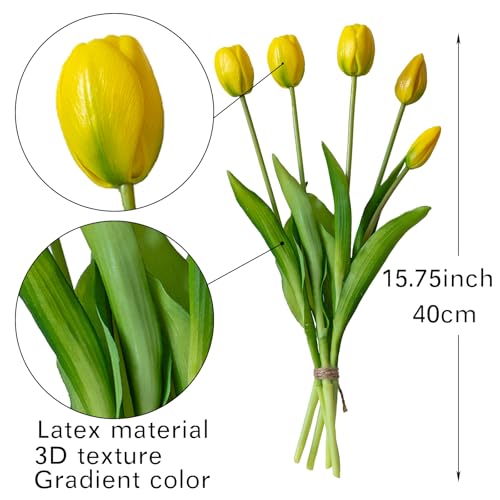 DUYONE 15Pcs Artificial Tulips Flowers, Soft Touch Realistic Latex Tulips Bouquet for Home Office Wedding Party Garden Decor, Fake Flowers for Centerpieces Dining Table Living Room Spring-B Yellow - color: B Style-15pcs Yellow (No Vase)