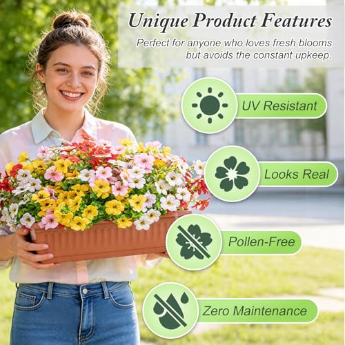 Artificial Flowers for Outdoors Decoration for UV Resistant Silk,16 Bundles | Artificial Violet Flowers for Spring Outdoor Decor, Realistic Fake Plants for Porch,Garden,Window Box,Vase Mix 6 Colors - color: Orange White Yellow Pink
