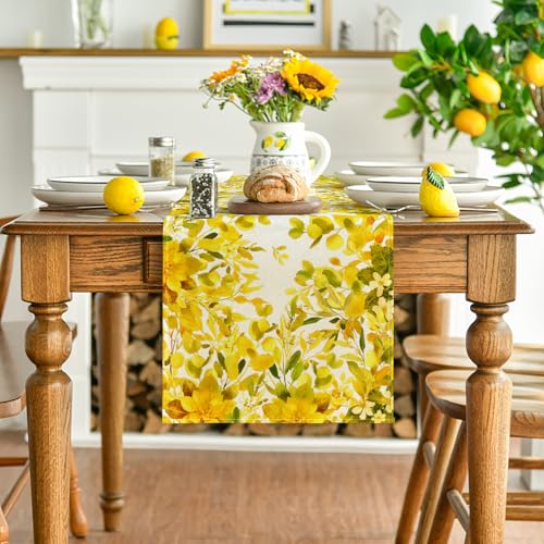Artoid Mode Yellow Flowers Floral Eucalyptus Summer Table Runner, Seasonal Spring Kitchen Dining Table Decoration for Home Party Decor 13x72 Inch - color: Yellow, size: 13" x 72", Table Runner