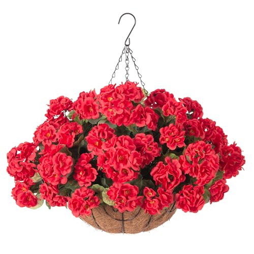 INSPRING Geraniums Artificial Flowers Hanging Basket for Outdoors Outside Spring Decoration, 8 Bundles Silk Flowers Fake Plants Look Real UV Resistant for Porch Home Patio Balcony Yard, Red - color: Red
