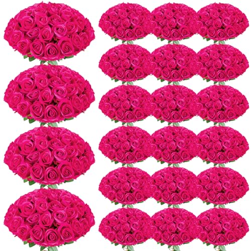 150 Pcs Roses Artificial Flowers, Silk Hot Pink Artificial Flowers Petals Long Stem Roses for Wedding Bouquet Home Party Decor - color: Hot Pink