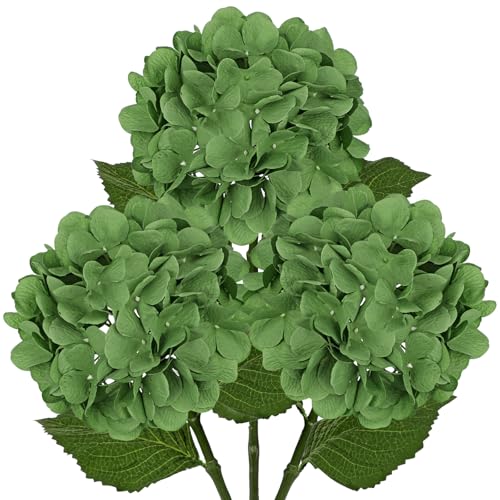 Hollyone 3Pcs Dark Green Hydrangea Artificial Flowers Real Touch Faux Silk Hydrangeas Flowers with Stem Fake Florals Flower for Home Wedding Table Centerpiece Vase Arrangements Decoration - color: Dark Green