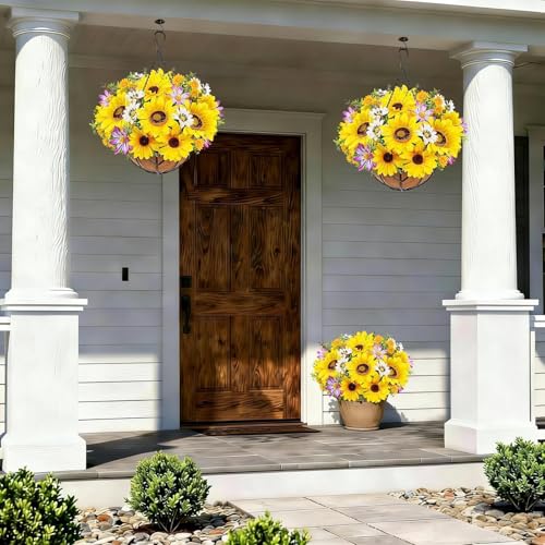 2 Set Sunflowers Artificial Flowers Fake Hanging Basket Flowers UV Resistant Fake Sunflowers Hanging Baskets for Outdoor Outside Patio Garden Porch Spring Summer Decor