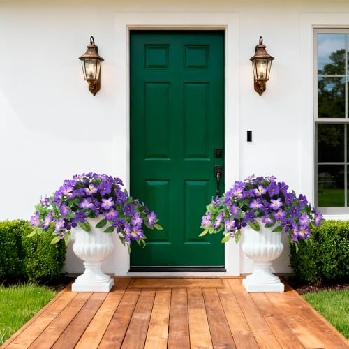 Homsunny Artificial Fake Flowers Plants Outdoor, 2PCS Realistic Faux Silk Flowers UV Resistant Fake Outdoor Flowers for Spring Outside Porch Garden and Home Patio Yard Decor (Double Purple) - color: B01 Deep Purple+ Light Purple