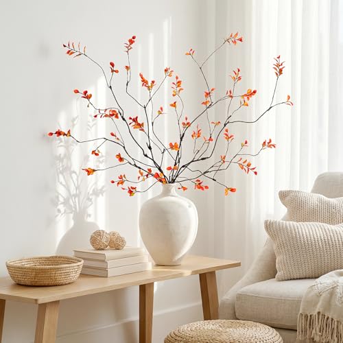 Ttranewsoo Fall Stems Artificial Ficus Branches, Faux Eucalyptus Stems Fall Decor, Fake Leaves Fall Decorations for Home, Autumn Table Decor Fall Branches for Vase 47.2 Inch,Yellow, 4 Pcs - color: Orange4