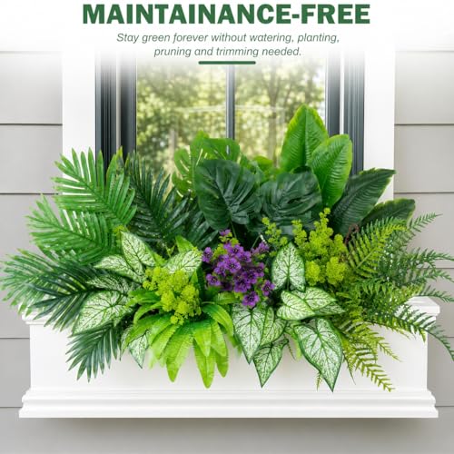 Tall Artificial Greenery Plants Outdoor Faux Shrubs Ferns UV Resistant,Fake Monstera Bird of Paradise Palm Boston Fern,10Bundle Lifelike Artificial Flowers Grass for Window Box Fillers,Porch,Garden - color: Green