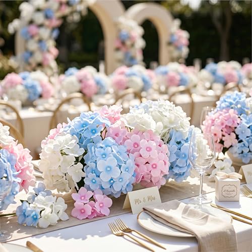 Auihiay 64Pcs Hydrangea Artificial Flowers Bulk, Faux Hydrangea Flowers Heads with Stems for Engagement Baby Shower Wedding Arch Birthday Anniversary Bridal Shower(Mixed Color) - color: White, Blue & Pink