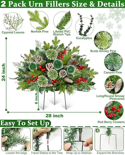 2 Pack 24" Lighted Outdoor Christmas Tree Urn Fillers Holiday Planters with Timer 8 Mode Warm & Colorful Light 6 Style Branches Eucalyptus Pinecones Red Berries Tripod Stake Front Porch Indoor Decor