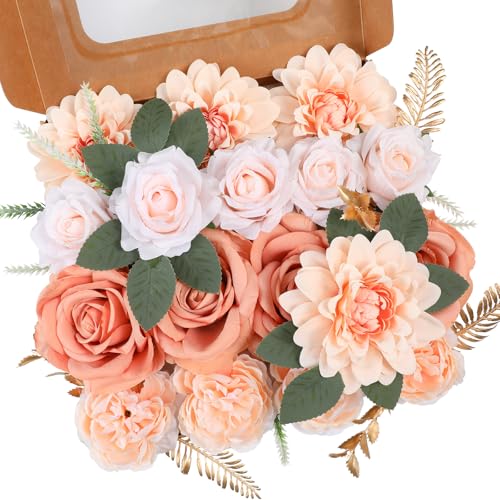 Garisey Artificial Flowers Combo, Mix Silk Flowers Roses, Peonies, Dahlias with Stems for DIY Wedding Bridal Bouquets, Baby Shower, Table Centerpieces, Home Decor, Fake Floral Arrangements-Champagne - color: Champagne