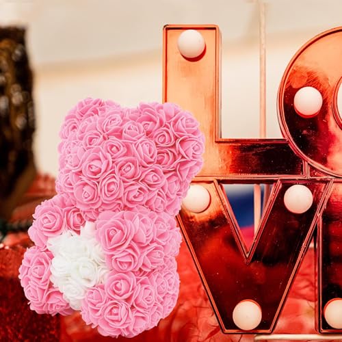 DuHouse 10 inch Rose Bear Artificial Plant for Anniversary, Birthdays, Bridal Showers - Fully Handmade, Unique Gift Box(Pink White Heart) - color: Pink White Heart