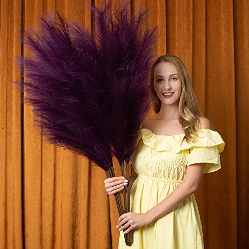 Pampas Grass Decor Tall, 43"/110cm Faux Pampas Grass 6 Stems Large Pompass Grass Branches Tall Bulk Boho Flower Arrangement for Home Room Wedding Party Decor(Purple) - color: Purple