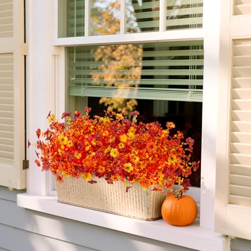 INXUGAO Artificial Fake Mums Fall Flowers for Outdoor Outside Decoration 12 Bundles Faux Silk Flowers Plants Realistic Daisy UV Resistant Fall Décor Autumn Front Door Porch Patio Yard Decoration - color: Y1-red Orange Sunset Yellow