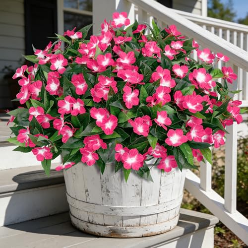 Ouddy Decor 6 Bundles Artificial Flowers for Outdoors Decorations, Fake Silk Flowers Faux Plants Plastic Bouquet UV Resistant for Porch Garden Wedding Spring Summer Indoor Outside Home Decor, Fuchsia - color: Fuchsia