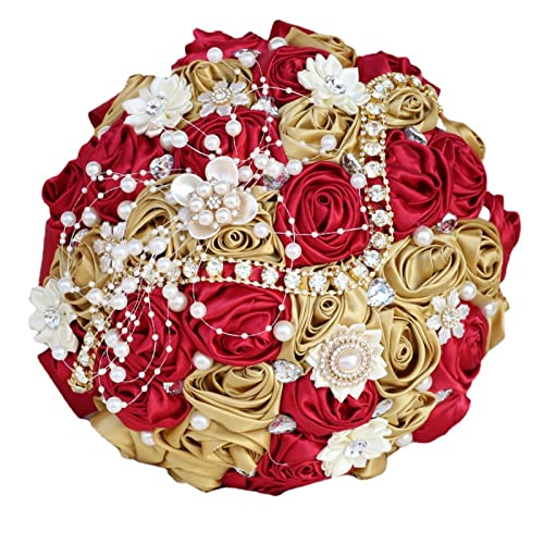 Bridal Wedding Bouquet with Rhinestone Brooch Pearl Bouquet for Bride Bridesmaid Quinceanera Satin Rose Flower Bouquet Wedding Burgundy and Gold 8.7in - color: Burgundy and Gold (Standard Size: Dia.8.7")
