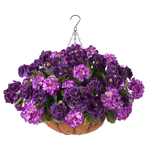INSPRING Geraniums Artificial Flowers Hanging Basket for Outdoors Outside Spring Decoration, 8 Bundles Silk Flowers Fake Plants Look Real UV Resistant for Porch Home Patio Balcony Yard, Double Purple - color: Double Purple