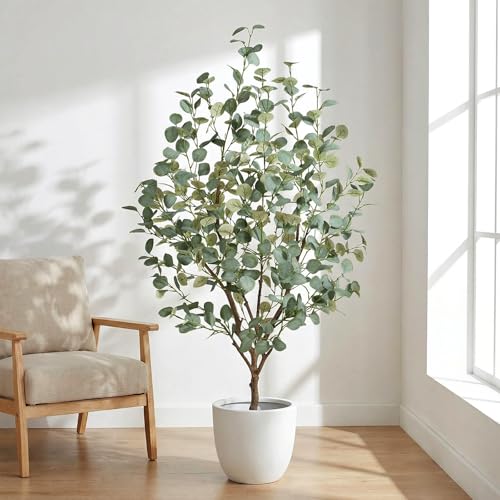 5FT Artificial Eucalyptus Tree Indoor, Faux Eucalyptus Tree with 477 Silk Leaves, Tall Fake Tree - Artificial Tree Indoor for Living Room Office Bedroom Home Decor - size: 5ft