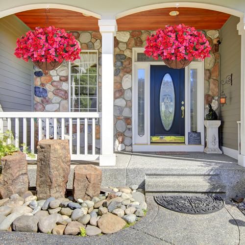 Artificial Fake Hanging Flower Plants Basket for Outdoors Spring Summer Decoration, Faux Bougainvillea Flowers in Planter Look Real UV Resistant Silk Flower for Outside Porch Patio Garden Home Decor - color: Hotpinkred