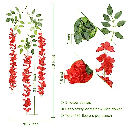 U'Artlines 24 Pack (Total 86.4 Feet) Artificial Fake Wisteria Vine Rattan Hanging Garland Silk Flowers String Home Party Wedding Decor (24, Red) - color: Red