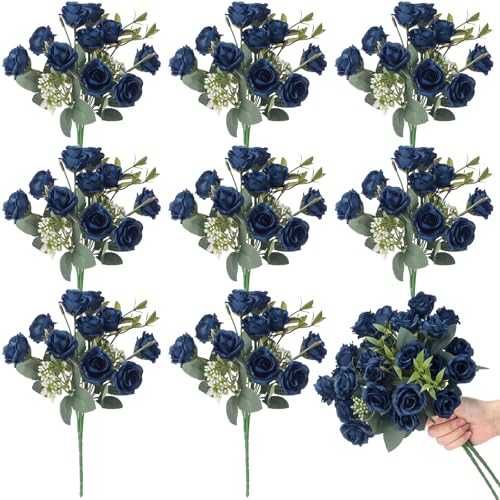 Zeyune 8 Pack Artificial Mini Dark Blue Roses, 12 Inch Fake Flowers with Stems, 80 Small 1.6 Inch Flower Heads, Silk Mini Rose Bouquets for Wedding Centerpieces, Bridal Bouquets, Home Party Decor - color: Dark Blue