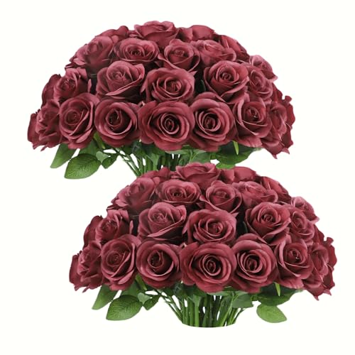 JUSMAI 50pcs Roses Artificial Flowers Fake Flowers with Long Stems Burgundy Silk Flowers for Wedding Bouquet Centerpices Decorations Party Bridal Baby Shower Home Decor - color: Burgundy, size: 50PCS