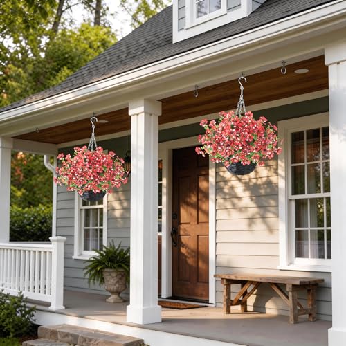 GLIDLION Artificial Flower & Eucalyptus with Hanging Basket - 2PCS Faux UV Sun Resistant Morning Glory in Planter, Fake Colorful Silk Flowers for Spring Summer Porch Patio Balcony Yard Decor (Red) - color: Red