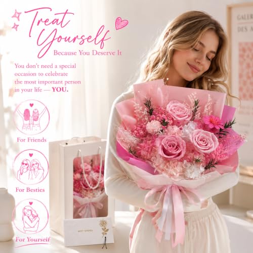 Preserved Pink Rose Bouquet, 100% Real Flowers for Women Mother Wife, Long-Lasting Eternal Roses with Gift Box, Forever Flowers for Anniversary Birthday Mother's Day, Lasts 3-5 Years - color: Soft Pink