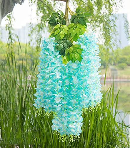 Artificial Flowers Hanging Flowers, Fake Wisteria Flower Garland Silk Vines Rattan String Decor for Home Wedding Arch Wall Garden Greenery Bedroom Outdoor Office Party Decoration (36, Blue) - color: Blue