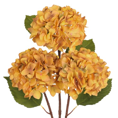 Hollyone 3Pcs Yellow Hydrangea Artificial Flowers Faux Dried Touch Hydrangeas Silk Flowers with Stems Fake Fall Florals Flower for Home Wedding Table Centerpiece Vase Arrangements Fall Decorations - color: Yellow - Dried Hydrangea