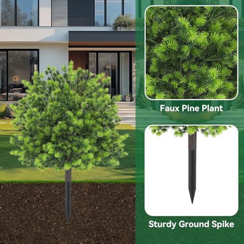 ENVEN Artificial Boxwood Topiary Ball Trees with Ground Spikes UV Resistant Faux Greenery Shrubs Fake Shrubs for Outdoors, Realistic Faux Plants Bushes for Garden Porch Yard Patio Decor (Green Pine) - color: Green Pine