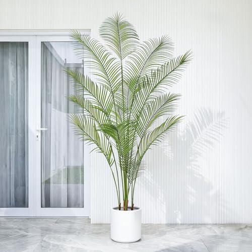Artificial Palm Tree 7FT Tall Faux Palm Tree Indoor Fake Plants Faux Tropical Plant, UV Resistant & Maintenance Free Indoor/Outdoor Fake Tree in Pot for Home Office Living Room Patio Decor - style: 7FT Fine Leaved