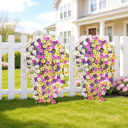 Artificial Hanging Flowers for Outdoors, 6PCS Faux Silk Artificial Flowers for Outdoors, UV Resistant Fake Flowers, No Fade Trailing Greenery, Decor for Home Porch Patio Balcony Garden Yard - color: Double Purple + White + Yellow