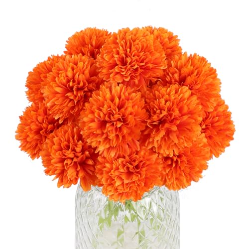 12pcs Orange Artificial Flowers Fake Flowers Silk Artificial Chrysanthemum Ball Hydrangea Bridal Wedding Bouquet for Home Garden Party Decor (Orange) - color: Orange，12pcs