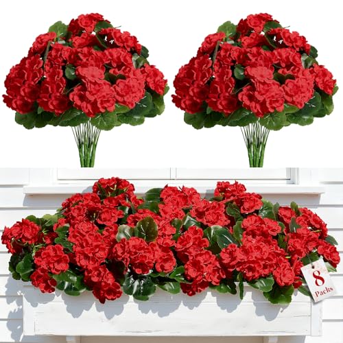 Alupssuc 8Pcs Artificial Geranium Flowers for Outdoors Decoration Silk Floral, UV Resistant Fake Plants, Faux Flower for Porch Garden Table Centerpieces Home Indoor Outside Spring Decor(8, Red) - color: Red