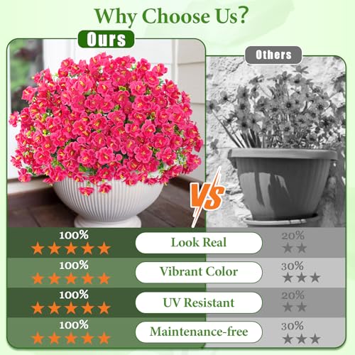 MARTINE MALL 12 Bundles Look Real Artificial Flowers for Outdoors, Realistic Fake Outdoor Flowers, UV Resistant Silk Flowers for Outside Faux Flowers Plants for Outdoor planters Porch, Rose Red - color: Rose Red, size: 12 Bundles