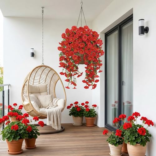 6PCS Artificial Hanging Flowers Fake Plants Outdoor, Silk Morning Glory Faux Flowers,UV Resistant Realistic Hanging Petunias Plants for Home Garden Patio Window Basket Decor (Red) - color: Red